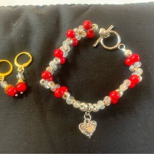 Elegant Red and Silver Heart Charm Bracelet and ear rings